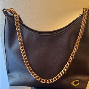Chic Brown Leather Bag with Gold Chain